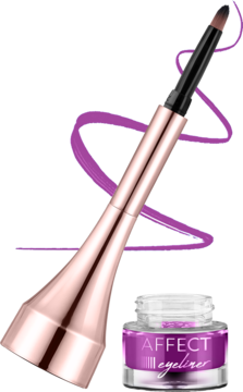 Żelowy eyeliner Affect Simple Lines w fioletowym kolorze, w słoiczku obok różowo-złotego pędzelka.