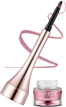 Różowy żelowy eyeliner Affect Simple Lines w słoiczku z aplikatorem. Różowo-złoty pędzelek nad otwartym słoiczkiem.