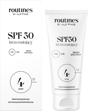 Biała tubka kremu matującego routines SPF 50 i opakowanie, widok z przodu. Zawiera bakuchiol i witaminę E.