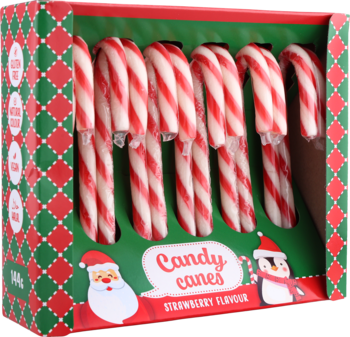 Czerwono-białe Candy Canes Strawberry 144g w świątecznym pudełku z Mikołajem i pingwinem, widoczne z przodu.