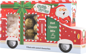Santa's Hot Chocolate Truck 125g: czerwone pudełko ciężarówka z Mikołajem, Hot Choco Mix, piankami i kulkami czekoladowymi.