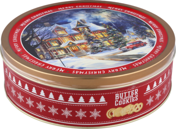 Okrągła czerwono-złota puszka na ciasteczka maślane 340g, z wieczkiem ukazującym zimowy dom i świąteczny napis.
