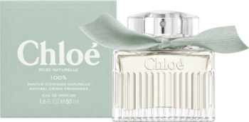 Chloé Eau de Parfum Naturelle, szklana butelka z ryflowaniami i zieloną wstążką, obok zielone pudełko.