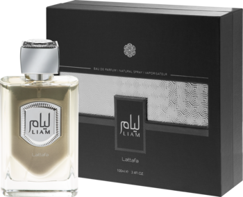 Butelka perfum Liam Lattafa unisex eau de parfum i eleganckie czarne pudełko, widok z przodu, lekko pod kątem.