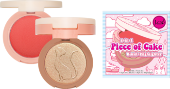 J. Cat Beauty Piece of Cake: otwarty różowo-brzoskwiniowy róż i złoty rozświetlacz z kotem, obok karta produktu.