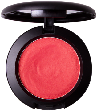 Widok z góry na otwarty róż J.Cat Beauty Blush Mallow Soft Blusher Cherry Limeade, koralowo-czerwony w czarnej puderniczce.