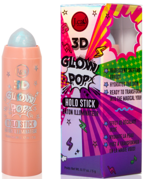 J.Cat Beauty 3D Glow Pop Holo Stick Hypnotize Ray: brzoskwiniowy sztyft z opalizującym topem i kolorowe pudełko.