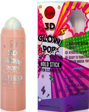 J.Cat 3D Glow Pop Holo Stick Lush Glare, perłowy sztyft rozświetlający i barwne pudełko, widok przód.