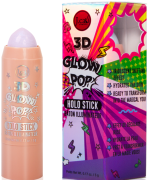 Holograficzny rozświetlacz J.Cat 3D Glow Pop Holo Stick, brzoskwiniowy sztyft i kolorowe pudełko, z przodu.