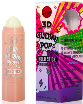 J.Cat Beauty 3D Glow Pop Holo Stick w różowym sztyfcie z opalizującą końcówką, obok kolorowego opakowania. Przód.