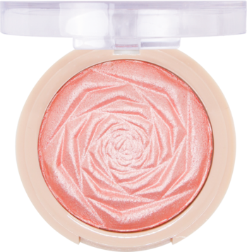J.Cat Beauty rozświetlacz Crimson Gleam w otwartym, okrągłym kompakcie. Koralowo-różowy, błyszczący, z wzorem róży.