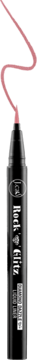 Czarny eyeliner w pisaku J.Cat Beauty Rock Glitz Rosy Glam, z różową kreską, pionowo na czarnym tle.