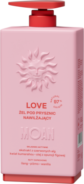 Różowy, prostokątny żel pod prysznic LOVE MOAN z czerwoną pompką, z tłoczonym słońcem i napisem nawilżający.