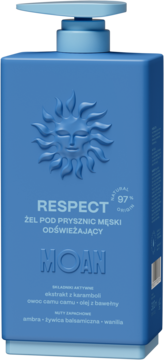 Niebieski żel pod prysznic RESPECT Męski Odświeżający, z wytłoczonym słońcem i pompką, widok z przodu.