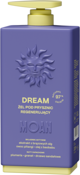 Fioletowy żel pod prysznic MOAN DREAM Regenerujący, kwadratowa butelka, żółta pompka, tłoczone słońce.