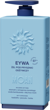 EYWA MOAN odżywczy żel pod prysznic, jasnoniebieska butelka z tłoczonym słońcem i pompką, widok z przodu.