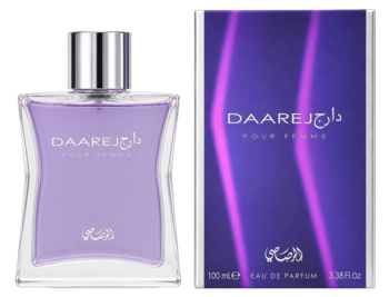 Damska woda perfumowana Rasasi Daarej Pour Femme 100ml: fioletowa butelka z srebrnym korkiem i pudełko.