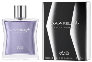 Rasasi Daarej Pour Homme męska woda perfumowana 100ml: szklana butelka z fioletowym płynem i czarne pudełko.