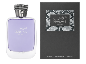 Perfumy Rasasi Hawas For Him: fioletowa butelka z srebrnym korkiem i czarne pudełko z wzorem węża, widok z przodu.