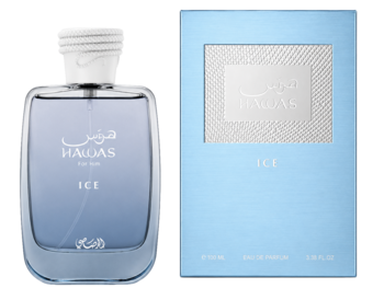 Rasasi Hawas Ice męska woda perfumowana: błękitna butelka z białym korkiem i pudełko z reliefem, widok z przodu.