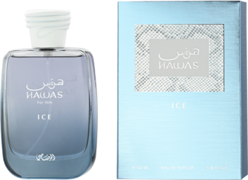 Rasasi Hawas Ice męska woda perfumowana. Butelka z błękitnym płynem i pasujące, błękitne pudełko obok na białym tle.