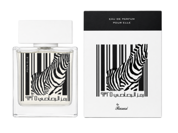 Rasasi Rumz Al Rasasi Zebra Pour Elle damska woda perfumowana: butelka i pudełko z czarno-białym wzorem zebry, widok z przodu.