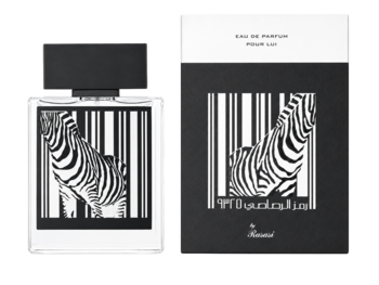 Rasasi Rumz Al Rasasi Zebra Pour Lui, flakon EDP z czarno-białym wzorem zebry i pasujące czarne opakowanie.