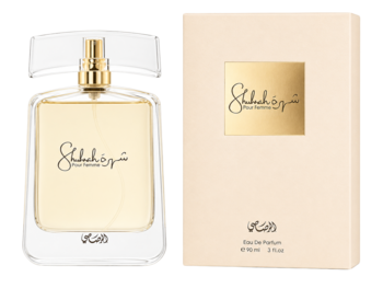 Rasasi Shuhrah damska woda perfumowana 100ml, przezroczysta butelka i beżowe pudełko z logo, obok siebie.