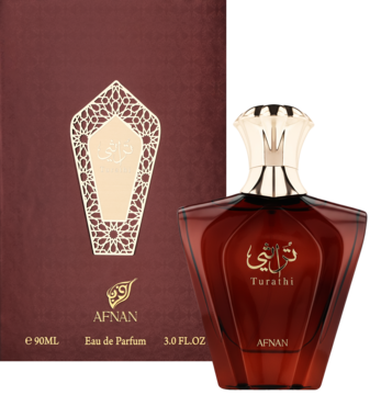 Afnan Turathi Brown EDP, ciemnobrązowa butelka z złotą zakrętką obok ozdobnego pudełka, widok z przodu.