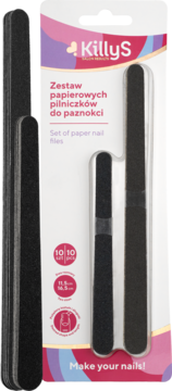 KillyS zestaw 10 papierowych pilniczków do paznokci w dwóch rozmiarach (11,5 i 16,5 cm) w opakowaniu, widok z przodu.
