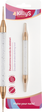 KillyS dwustronna sonda do zdobień paznokci w opakowaniu, z kryształkami i złotymi końcówkami.