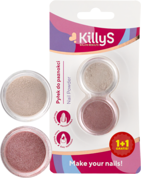 KillyS pyłki do paznokci w dwóch odcieniach: otwarty beżowy i różany brokat, widok na opakowanie promocyjne.