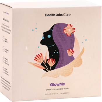 GlowMe suplement z kolagenem. Jasnoróżowe pudełko Health Labs Care z grafiką kobiety i kwiatów dla skóry.
