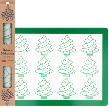 Zielona silikonowa mata do pieczenia z 12 świątecznymi choinkami, widoczna obok brązowego opakowania z jemiołą.