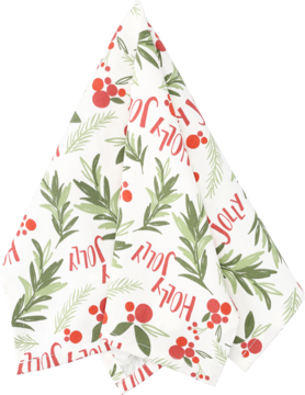 Złożony biały ręcznik kuchenny ze świątecznym wzorem: zielone gałązki, czerwone jagody i napis "Holly Jolly".