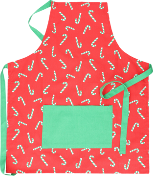 Czerwony fartuch kuchenny w świąteczny wzór biało-zielonych cukierków, z zielonymi lamówkami i kieszenią.
