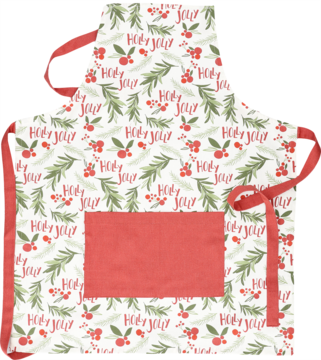 Biały fartuch świąteczny z wzorem zielonych gałązek i czerwonych jagód, czerwony napis Ho Ho Ho, z czerwoną kieszenią.