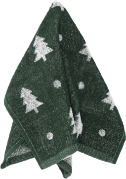 Ciemnozielony ręcznik świąteczny frotte z białymi choinkami i kropkami, złożony i wiszący.