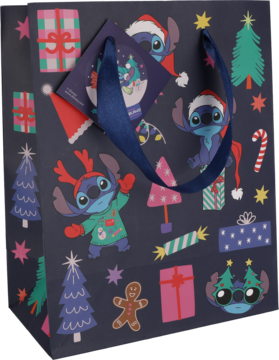 Granatowa torba prezentowa świąteczna ze Stichem w bożonarodzeniowych przebraniach, drzewkami i prezentami, granatowe uchwyty.