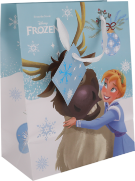 Błękitna torba prezentowa Disney Frozen: Anna przytula Svena wśród śnieżynek, z ozdobnym tagiem na porożu.