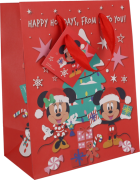 Czerwona świąteczna torba prezentowa Disney z Miki i Minnie w czapkach Mikołaja, z choinką i prezentami.