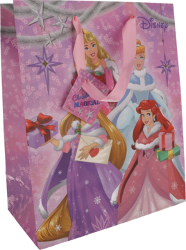 Fioletowa świąteczna torba prezentowa Disney z księżniczkami: Aurorą, Kopciuszkiem, Ariel i Roszpunką w zimowych strojach.