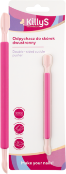 Dwustronny odpychacz do skórek KillyS, różowy, w białym opakowaniu z grafiką, widok z przodu.
