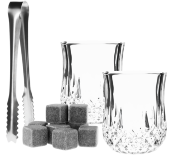Zestaw barowy: dwie szklanki z teksturowanego szkła, szare kamienie chłodzące i srebrne szczypce, widok z przodu.