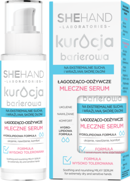 Biała butelka mlecznego serum Shehand Kuracja Barierowa dla dłoni z pompką i biało-niebieskie opakowanie.