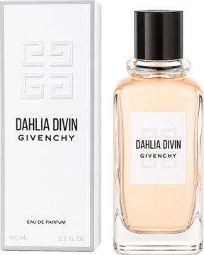 Givenchy Dahlia Divin EDP, szklana butelka 100ml z bursztynowym płynem i biały kartonik, widok z przodu.