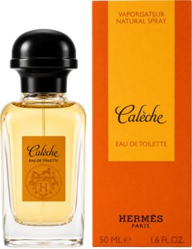 Hermès Calèche Eau de Toilette 50ml, butelka i pudełko w odcieniach bursztynu, widok z przodu.
