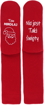 Czerwone skarpetki świąteczne z grafiką Mikołaja i zabawnym napisem "Ten MIKOŁAJ Nie jest Taki święty".