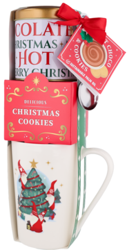 Świąteczny zestaw prezentowy z kubkiem w gnomy, puszką gorącej czekolady i pudełkiem ciastek, widok z przodu.