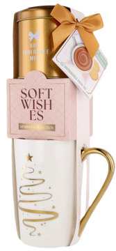 Zestaw prezentowy: Soft Wishes kubek z choinką, złoty uchwyt i waniliowa czekolada w złotej puszce, widok z przodu.